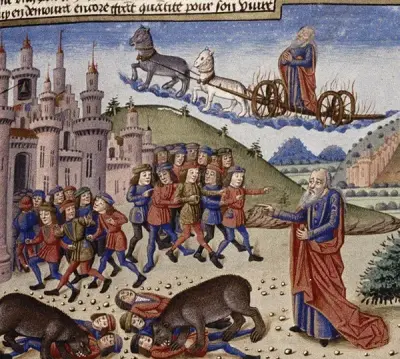 Bears savaging the youths from a French Manuscript