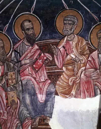 Church of Panagia Amasgou, Monagri, Cyprus, sanctuary, bema, wall paintings - Bema vault, north side, Bishops Epaphras, Philagrius, Zenon below The Ascension