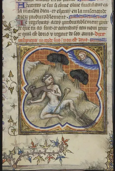 Fool with a dog's tail in his mouth