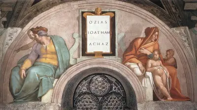 Jesus ancestors: Uzziah, Ioatham and Achaz (restored), Sistine Chapel, south wall, lunette in the third bay from the entrance.