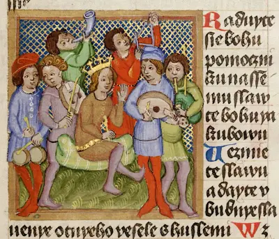 King David and musicians from Olomouc Bible, folio 276R, image sharpened